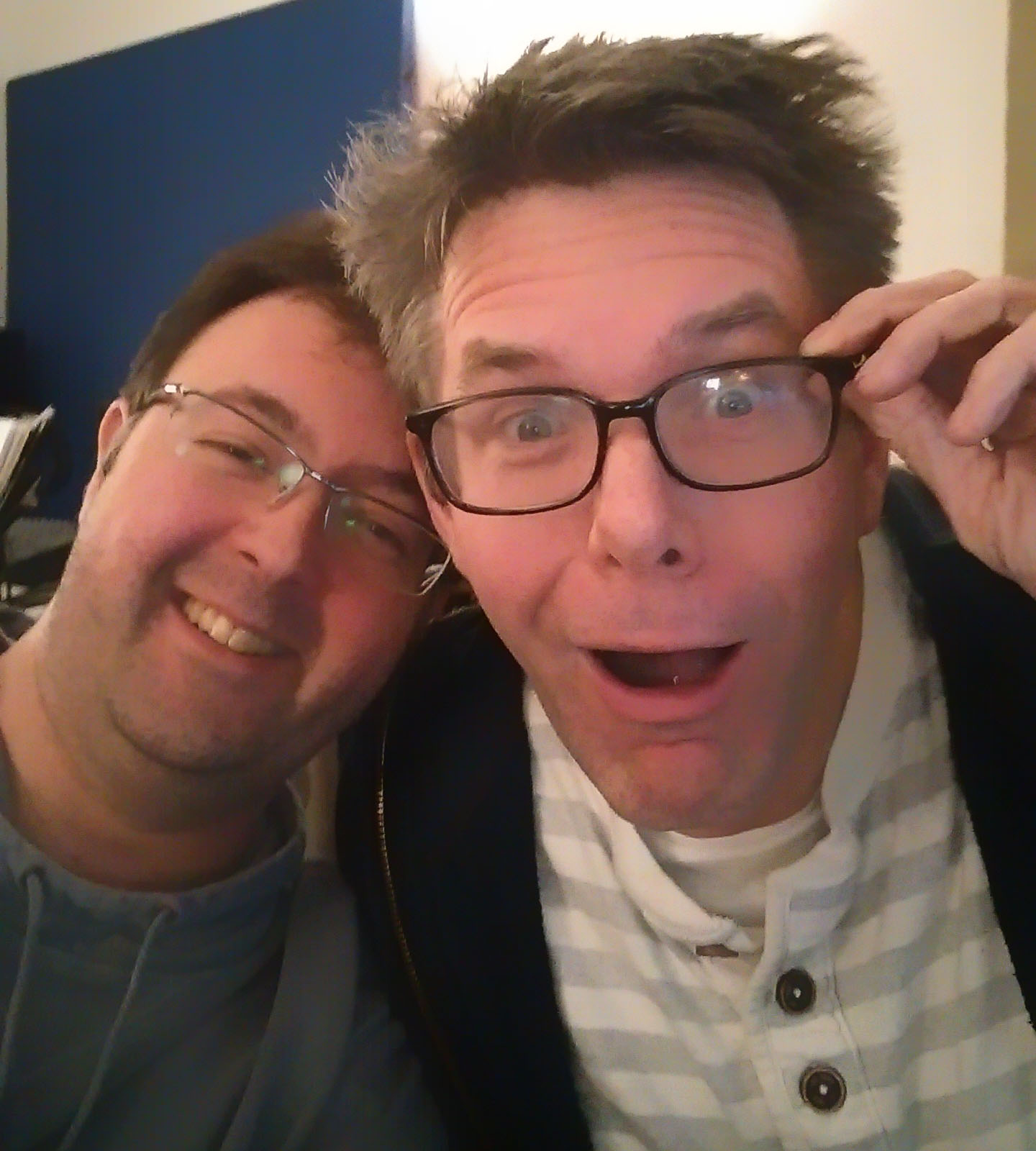 Niall Acott and Nick Skilbeck after a marathon 21-hour mixing session.