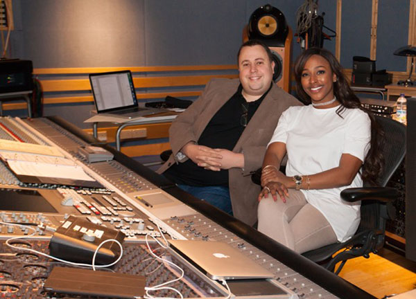 Alexandra Burke in the studio with Chris Egan, the orchestrator and record producer.