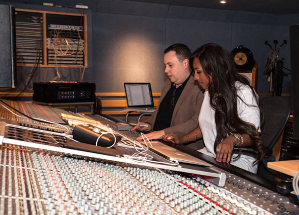 Alexandra Burke in the studio with Chris Egan, the orchestrator and record producer.